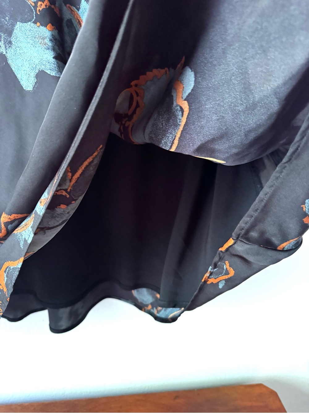 Nordstrom Rack Silky Satin Black Floral A-Line Skirt with Gray & Orange Accents - Picture 3 of 7